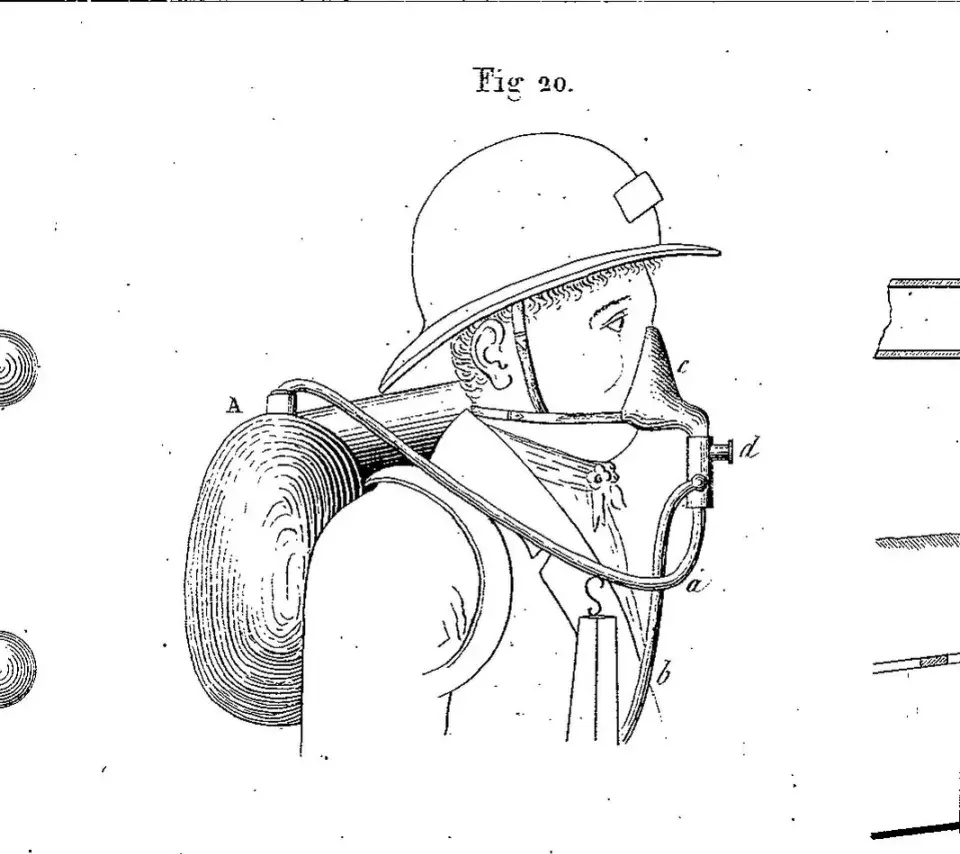 Appareil respiratoire présenté dans Ponson, A.T., Atlas de l'exploitation des mines de houilles, Liège: E. Noblet, p. XXV Dessin d'un buste de profil, portant un casque de mineur et un masque relié par un tuyau à un sac porté sur le dos