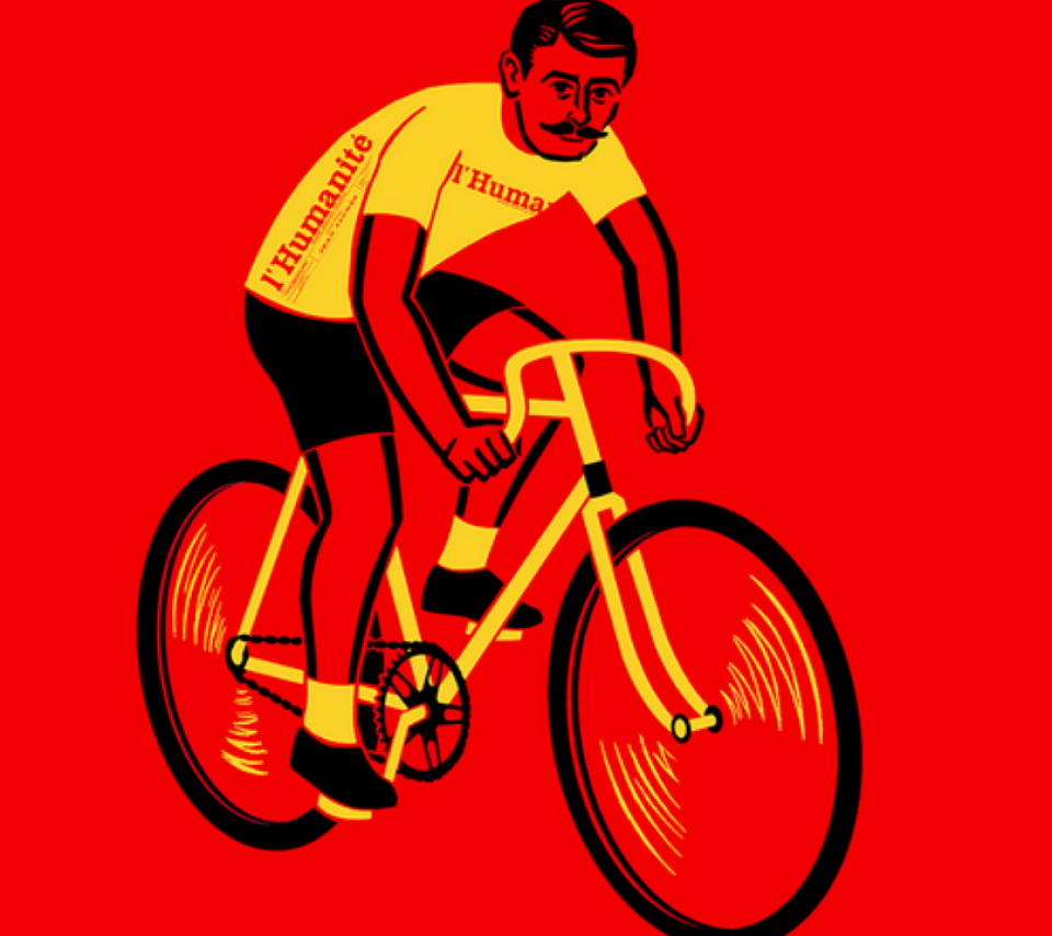 dessin d'un cycliste avec un maillot siglé 'L'Humanité', tiré du site de l'exposition