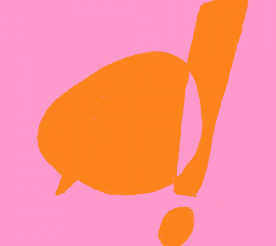 logo du printemps des humanités, bulle et point d'exclamation oranges sur fond rose