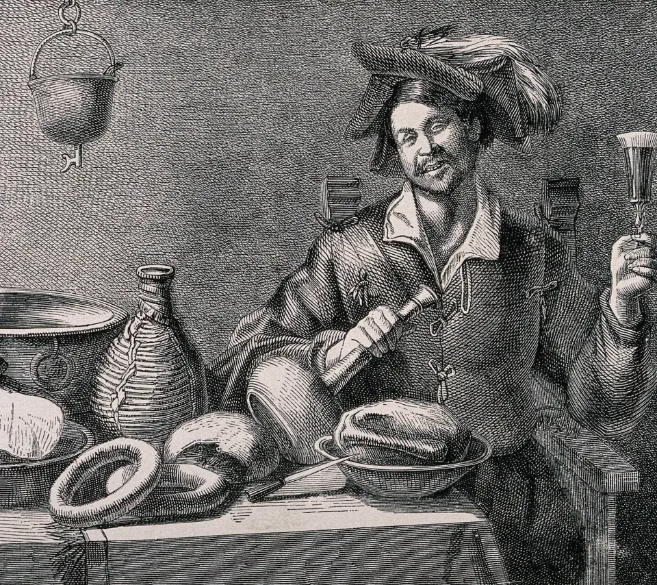 gravure sur bois représentant un homme en train de manger