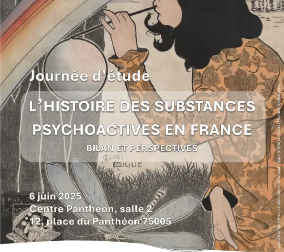 Affiche de la journée d'étude "L'histoire des substances psychoactives en France" basée sur l'affiche Irichromatine de Jacques Drogue, 1900