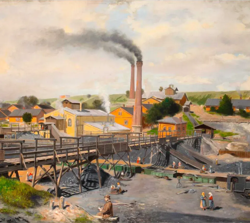 Village en pleine activité : une usine au milieu de l'image rejette de la fumée sur le village et sur ses habitants