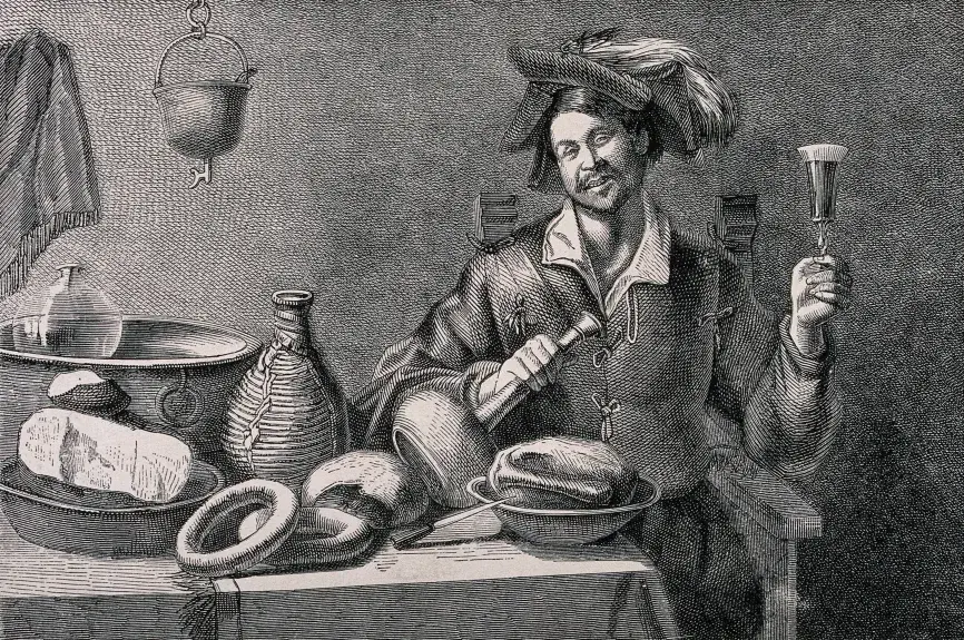 gravure sur bois représentant un homme en train de manger