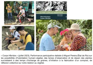 « Corps Híbridos » (juillet 2023), Performance participative réalisée à Miguel Pereira (État de Rio) sur les possibilités d’hybridation humain-végétal, des temps d’observation et de dessin des plantes succédaient à des temps d’échange de graines, d’initiation à la fabrication d’un compost, de réflexion collective sur notre relation au végétal.