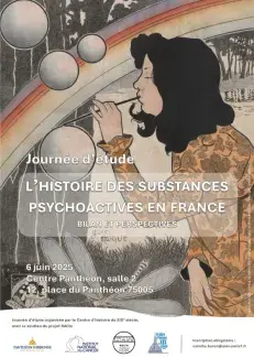 Affiche de la journée d'étude "L'histoire des substances psychoactives en France" basée sur l'affiche Irichromatine de Jacques Drogue, 1900