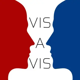 Logo du podcast de l'université de Columbia "Vis à Vis" représentant un visage rouge tourné vers un visage bleu